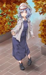 Rule 34 | 1girl, absurdres, alternate costume, amagi (amagi626), autumn leaves, beret, black footwear, blue dress, blue hair, blush, casual, commentary request, contemporary, dress, full body, grey jacket, hair between eyes, hat, highres, jacket, long dress, long sleeves, looking at viewer, open clothes, open jacket, outdoors, red eyes, remilia scarlet, shadow, shoes, short hair, smile, solo, standing, touhou, uneven eyes, white hat