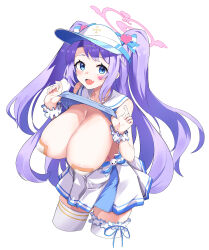 Rule 34 | 1girl, :d, absurdres, blue archive, blue eyes, blue shirt, blush, breasts, clothes lift, commentary request, fang, fon (96nokimihito), full body, hair ornament, hair ribbon, halo, hanae (blue archive), hanae (cheer squad) (blue archive), heart, heart sticker, highres, huge breasts, lifting own clothes, long hair, looking at viewer, open mouth, purple hair, ribbon, scrunchie, shirt, shirt lift, simple background, skin fang, smile, solo, standing, sticker on face, very long hair, visor cap, white background, white scrunchie, wrist scrunchie