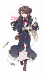 1girl belt black_belt blue_coat book boots brown_bag brown_footwear brown_hair bun_with_braided_base center_frills coat double_bun dress dropping fang frills full_body hair_bun highres holding holding_book holding_paper ikeuchi_tanuma long_hair natalia_(ikeuchi_tanuma) open_mouth original paper papers pleated_dress red_eyes signature skin_fang small_sweatdrop solo twitter_username walking wavy_mouth white_dress