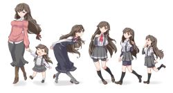 Rule 34 | 2girls, ^ ^, age progression, aged down, aged up, ajino (sakanahen), arashio (kancolle), arm warmers, bike shorts, boots, brown eyes, brown hair, closed eyes, commentary request, dress, closed eyes, kantai collection, kneehighs, long hair, looking back, looking to the side, mother and daughter, multiple girls, pantyhose, pleated skirt, remodel (kantai collection), ribbon, school uniform, serafuku, shirt, shoes, skirt, smile, socks, suspenders