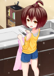 Rule 34 | 1girl, :d, ahoge, apron, bare shoulders, box, brown hair, from behind, girlfriend (kari), hair bobbles, hair ornament, hairband, indoors, kitchen, kitchen knife, knife, long sleeves, looking at viewer, looking back, ooyama mayuri, open mouth, phone, shelf, short hair, shorts, sleeves pushed up, smile, solo, sparkle, standing, washbowl