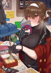 Rule 34 | 2girls, absurdres, bag, belt, bento, black gloves, black leotard, blush, book to mouth, breasts, brown eyes, brown hair, chinese text, chopsticks, cleavage, coat, cookbook, curtains, dinergate (girls&#039; frontline), eating, folded hair, food, girls&#039; frontline, glove garter, gloves, griffin &amp; kryuger military uniform, hair ribbon, highres, holding, holding chopsticks, indoors, large breasts, leotard, mechanical arms, multiple girls, open bag, paper, picture frame, recipe (object), red coat, ribbon, rice, rlin, sausage, shirt, short hair with long locks, sign, single mechanical arm, snack, solo focus, steam, taut clothes, taut shirt, translation request, type 79 (girls&#039; frontline), type 79 smg, wa2000 (girls&#039; frontline), white ribbon