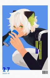 Rule 34 | 1boy, animal ear fluff, animal ears, bad id, bad tumblr id, black shirt, blue background, can, cat boy, cat ears, covered mouth, dated, green eyes, highres, holding, holding can, kumozo, long sleeves, luo xiaohei, luo xiaohei (human), luo xiaohei zhanji, shirt, short hair, solo, white hair