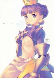 Rule 34 | 1girl, armor, armored dress, atlus, breasts, character name, clothes lift, clothes pull, crown, dress, flat chest, gauntlets, gradriel, gradriel de valendia, hair up, hat, nipples, petite, princess crown, purple eyes, shirt lift, shirt pull, small breasts, solo, tony taka, white background