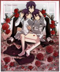 Rule 34 | 3boys, bed, bottomless, brothers, cantebury, flower, incest, kuroshitsuji, male focus, multiple boys, purple hair, red eyes, rose, siblings, tagme, thompson (solowingfh), timber, triplets, yaoi