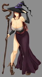 Rule 34 | 1girl, absurdres, adjusting clothes, adjusting headwear, armpits, bare shoulders, breasts, brown eyes, brown hair, cleavage, covered erect nipples, curvy, detached sleeves, dragon&#039;s crown, dress, hanging breasts, hat, hat over one eye, highres, hip focus, huge breasts, leaning forward, long hair, one eye covered, side slit, simple background, solo, sorceress (dragon&#039;s crown), staff, standing, strapless, strapless dress, v (thinker473), vanillaware, weapon, wide hips, witch, witch hat