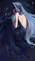 Rule 34 | 1girl, arknights, artist name, astesia (arknights), backless dress, backless outfit, bare arms, bare back, bare shoulders, blue hair, blue theme, braid, dress, eyelashes, closed eyes, feather hair ornament, feathers, fetal position, from above, hair intakes, hair ornament, half updo, halter dress, halterneck, holding, light particles, long hair, lying, mojincheng, night, hugging object, on liquid, on side, orb, own hands together, profile, ripples, sleeveless, sleeveless dress, solo, starry sky print
