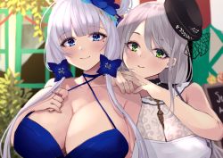 Rule 34 | 2girls, aquila (azur lane), aquila (green garden elegant sadia) (azur lane), azur lane, bare shoulders, black headwear, blue dress, blue eyes, blush, breasts, cleavage, closed mouth, collarbone, dress, flower, green eyes, grey hair, hair flower, hair ornament, hairclip, hand on own chest, hands on own shoulders, huge breasts, illustrious (azur lane), illustrious (never-ending tea party) (azur lane), long hair, looking at viewer, mole, mole under eye, multiple girls, official alternate costume, simple background, smile, upper body, wee (weeyy), white dress