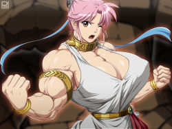 Rule 34 | 1girl, alternate body size, armlet, bracelet, breasts, brown eyes, collar, dragon quest, dragon quest dai no daibouken, dress, extreme muscles, fighting stance, flexing, hair bun, hair intakes, hair ribbon, highres, huge breasts, jewelry, maam, muscular, muscular female, one eye closed, open mouth, pink hair, ren (tainca2000), ribbon, single hair bun, standing