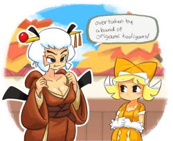 Rule 34 | 2girls, blonde hair, blush, breasts, cleavage, collarbone, elbow gloves, gloves, goomba, hands together, hat, japanese clothes, kimono, mario (series), minuspal, multiple girls, nintendo, olivia (paper mario), paper mario, paper mario: the origami king, personification, speech bubble, super mario bros. 1, upper body, white hair