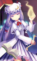 Rule 34 | 1girl, bad id, bad pixiv id, blush, book, bow, crescent, hat, long hair, magic, patchouli knowledge, purple eyes, purple hair, silverms2, solo, touhou