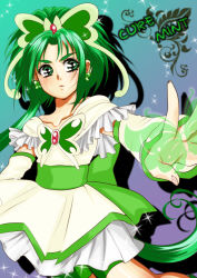 Rule 34 | 00s, 1girl, akimoto komachi, bad id, bad pixiv id, bike shorts, brooch, bug, butterfly, character name, cure mint, dress, earrings, eyebrows, frills, gloves, green eyes, green hair, green theme, bug, jewelry, long hair, magical girl, matching hair/eyes, outstretched hand, pleated skirt, precure, serious, skirt, solo, sparkle, yes! precure 5, yukishiro midori