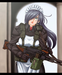 Rule 34 | combat maid, glasses, green eyes, grey hair, gun, letterboxed, machine gun, pkm, project 3m, rifle, russia, solo, soviet, weapon