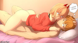 Rule 34 | 1boy, 1girl, artist name, ass, bed, blonde hair, bottomless, chainsaw man, clothed female nude male, demon horns, denji (chainsaw man), devil girl, english text, highres, horns, hug, huge ass, long hair, long sleeves, lying, noriontoon, nude, on back, orange eyes, pillow, power (chainsaw man), speech bubble, symbol-shaped pupils, thick thighs, thighs, unusual pupils