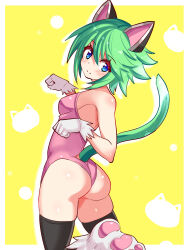 Rule 34 | animal ears, ass, azure striker gunvolt, azure striker gunvolt 2, back, bare shoulders, black thighhighs, blue eyes, breasts, cat ears, cat tail, cougar (cougar1404), from behind, gloves, green tail, leotard, looking at viewer, looking back, paw shoes, pink leotard, roro (gunvolt), short hair, simple background, small breasts, tail, thighhighs, white gloves, yellow background