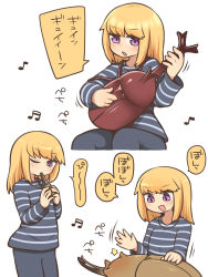 Rule 34 | 1girl, :d, black pants, blonde hair, blush, grey pants, grey shirt, highres, instrument, long sleeves, medium hair, motion lines, multiple views, music, musical note, one eye closed, open mouth, original, pants, parted lips, playing instrument, purple eyes, rantana (lalalalackluster), rhinoceros beetle, shirt, simple background, smile, striped clothes, striped shirt, white background