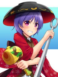 Rule 34 | 1girl, blue background, blush, bowl, bowl hat, breasts, dual wielding, grin, hand up, hat, highres, holding, japanese clothes, kimono, looking at viewer, miracle mallet, needle, purple eyes, purple hair, red kimono, sewing needle, short hair, simple background, sleeves past elbows, small breasts, smile, solo, sukuna shinmyoumaru, tatsu toyoyo, teeth, touhou, v-shaped eyebrows