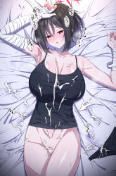 Rule 34 | 1girl, after vaginal, aftersex, armpits, bandaged arm, bandaged neck, bandages, bed, black hair, black tank top, blue archive, blush, breasts, cleavage, collarbone, cross-section, cum, cum on clothes, cum on legs, facial, female focus, hair between eyes, kawaruhi, large breasts, looking at viewer, lying, misaki (blue archive), missionary, on back, on bed, open mouth, panties, pussy, red eyes, short hair, solo, steam, sweat, tank top, translation request, underwear