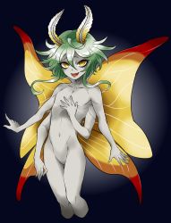 Rule 34 | 1girl, ano5102, antennae, collarbone, colored skin, extra arms, female focus, flat chest, green hair, grey skin, highres, arthropod girl, jpeg artifacts, messy hair, monster girl, moth girl, navel, no nipples, no pussy, open mouth, original, short hair with long locks, skinny, solo