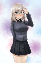 Rule 34 | 1girl, abimaru gup, arm behind back, black skirt, blue eyes, blush, closed mouth, cowboy shot, dress shirt, floral background, flying sweatdrops, frown, girls und panzer, grey shirt, hand in own hair, hand on own head, highres, insignia, itsumi erika, kuromorimine school uniform, long sleeves, looking at viewer, medium hair, miniskirt, multicolored background, pleated skirt, school uniform, shirt, silver hair, skirt, solo, standing, twitter username, wing collar