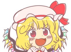 Rule 34 | 1girl, blonde hair, blush, chibi, collar, crystal, dress, flandre scarlet, gyate gyate, hat, hat ribbon, ikiyouz, looking away, mob cap, multicolored wings, open mouth, ponytail, portrait, puffy short sleeves, puffy sleeves, red dress, red eyes, red ribbon, ribbon, short hair, short sleeves, simple background, smile, solo, touhou, transparent background, white background, white collar, white hat, white sleeves, wings, yellow neckwear