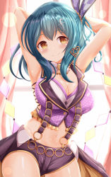 Rule 34 | 1girl, armpits, arms behind head, arms up, backlighting, bare shoulders, battle girl high school, black shorts, blue hair, blush, breasts, brown eyes, cleavage, closed mouth, commentary request, commission, cowboy shot, curtains, day, hair ornament, highres, indoors, kunieda shiho, long hair, looking at viewer, medium breasts, purple vest, short shorts, shorts, skeb commission, smile, solo, sunlight, suspender shorts, suspenders, vest, window, xenon (for achieve)