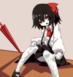 Rule 34 | 1girl, ascot, black footwear, black hair, black skirt, bow, colored skin, commentary request, cookie (touhou), fang, foot out of frame, hair bow, highres, long sleeves, looking at viewer, medium hair, open mouth, pixel art, red ascot, red bow, red eyes, red umbrella, shaded face, shedding, shedding skin, shirt, sitting, siyudi (cookie), skin fang, skirt, solo, sparseseethe, suspender skirt, suspenders, umbrella, white shirt, white skin
