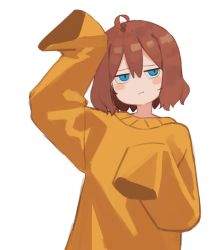 Rule 34 | absurdres, blue eyes, blush stickers, brown hair, closed mouth, hand up, highres, long sleeves, looking at viewer, nuri (yoon cook), original, short hair, simple background, sleeves past fingers, sleeves past wrists, solo, sweater, upper body, white background, yellow sweater, yoon cook