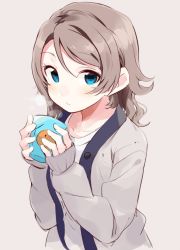 Rule 34 | 10s, 1girl, blue eyes, blush, brown hair, cardigan, collarbone, commentary request, cup, grey background, holding, holding cup, long sleeves, looking at viewer, love live!, love live! sunshine!!, shirt, short hair, sleeves past wrists, solo, steam, totoki86, upper body, watanabe you, white shirt