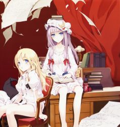 Rule 34 | 2girls, absurdres, ahoge, alternate costume, armchair, bare legs, barefoot, blonde hair, bloomers, blue eyes, blush, book, book on head, bookshelf, bottomless, bow, brand name imitation, can, chair, collarbone, crescent, desk, dr pepper, dress, dress shirt, drink can, flying paper, hair bow, hair ribbon, hat, highres, ke-ta, kirisame marisa, lamp, legs, long hair, multiple girls, naked shirt, nightgown, no pants, object on head, open book, paper, patchouli knowledge, product placement, purple eyes, purple hair, ribbon, shirt, sitting, soda can, touhou, underwear, unworn hat, unworn headwear, very long hair, white bloomers, witch hat