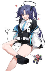 Rule 34 | 1boy, 1girl, absurdres, anger vein, black footwear, black skirt, black socks, blue archive, blue necktie, blush, breasts, carrying, closed eyes, collared shirt, doodle sensei (blue archive), figure four leglock, formal, halo, head between thighs, highres, id card, large breasts, long hair, long sleeves, mechanical halo, necktie, nonbire, open mouth, piggyback, pleated skirt, purple hair, sensei (blue archive), shirt, shoes, simple background, skirt, socks, suit, two side up, white background, white shirt, yuuka (blue archive)