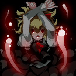Rule 34 | 1girl, arms up, blonde hair, darkness, drooling, embodiment of scarlet devil, fangs, female focus, hair ribbon, highres, red eyes, ribbon, rumia, saliva, short hair, solo, touhou, uki (room 405)