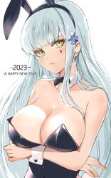 Rule 34 | 1girl, 2023, animal ears, arms under breasts, bare shoulders, black leotard, blue hair, breast lift, breasts, chinese zodiac, cleavage, closed mouth, collarbone, crossed arms, detached collar, fake animal ears, fake tail, girls&#039; frontline, green eyes, grey hair, hair ornament, happy new year, head tilt, highres, hk416 (girls&#039; frontline), large breasts, leotard, light blue hair, light frown, long hair, looking at viewer, new year, playboy bunny, rabbit ears, rabbit tail, simple background, solo, strapless, strapless leotard, tail, teardrop, teardrop tattoo, upper body, very long hair, white background, wrist cuffs, x hair ornament, year of the rabbit, yu 416416