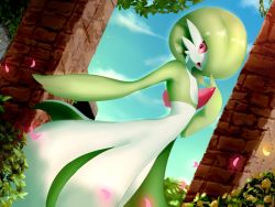 Rule 34 | 1girl, blue sky, bush, cloud, colored skin, creatures (company), day, dutch angle, female focus, flower, furry, game freak, gardevoir, gen 3 pokemon, green hair, green skin, hair over one eye, hand up, happy, highres, looking to the side, multicolored skin, nintendo, open mouth, outdoors, outstretched arm, petals, pillar, pokemon, pokemon (creature), red eyes, sana!rpg, short hair, sky, smile, solo, standing, two-tone skin, white skin, yellow flower