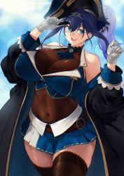 Rule 34 | 1girl, absurdres, ascot, belt, bicorne, black jacket, blue ascot, blue hair, blue hoodie, blue jacket, blue ribbon, blue sky, blurry, blush, bokeh, breasts, brooch, brown leotard, brown thighhighs, cleavage, cloud, cosplay, covered navel, cropped jacket, depth of field, epaulettes, eyepatch, hair ribbon, hat, highres, hololive, hololive english, hood, hoodie, horizon, houshou marine, houshou marine (1st costume), houshou marine (cosplay), jacket, jewelry, lace, lace-trimmed thighhighs, lace trim, large breasts, leotard, leotard under clothes, looking at viewer, midriff, ocean, off shoulder, ouro kronii, pleated skirt, ribbon, rowkiba, see-through, see-through cleavage, skirt, sky, sleeveless, sleeveless jacket, sleeves past wrists, small breasts, smile, solo, teeth, thighhighs, thighs, twintails, virtual youtuber, water, zettai ryouiki