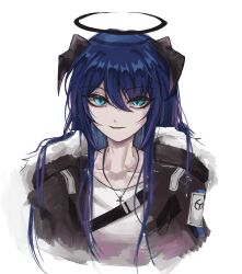 Rule 34 | 1girl, absurdres, arknights, black horns, black jacket, blue eyes, blue hair, cropped torso, cross, cross necklace, fur-trimmed jacket, fur trim, hair between eyes, halo, highres, horns, jacket, jewelry, long hair, looking at viewer, mostima (arknights), necklace, open clothes, open jacket, parted lips, petra (jgc845601), shirt, slit pupils, solo, upper body, white shirt