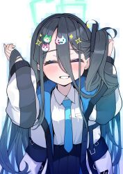 Rule 34 | 1girl, ^ ^, absurdly long hair, absurdres, aris (blue archive), black hair, black hairband, black jacket, black skirt, blue archive, blue jacket, blue necktie, blush, closed eyes, dress shirt, facing viewer, hair between eyes, hair ornament, hairband, hairclip, hairpin, halo, hands up, highres, holding, holding own hair, jacket, long bangs, long hair, long sleeves, multicolored clothes, multicolored jacket, multiple hairpins, necktie, one side up, pixelated, pleated skirt, sacha, shirt, skirt, smile, solo, tie clip, upper body, very long hair, white jacket, white shirt