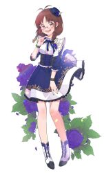 Rule 34 | 1girl, absurdres, akizuki ritsuko, antenna hair, black ribbon, black wrist cuffs, blue dress, blue hat, blue ribbon, blurry, blush, bow, braid, breasts, brown eyes, brown hair, depth of field, dot nose, dress, falling petals, floating clothes, flower, frilled dress, frills, full body, grey corset, hair bow, hair ribbon, hand up, hat, highres, idolmaster, idolmaster (classic), idolmaster million live!, idolmaster million live! theater days, large breasts, light particles, long sleeves, looking at viewer, lunim (roo 0 0), mini hat, neck ribbon, open mouth, petals, pigeon-toed, purple flower, rainbow gradient, ribbon, smile, solo, standing, teeth, twin braids, twintails, underbust, upper teeth only, white background, wrist cuffs
