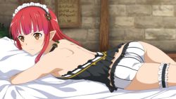Rule 34 | 10s, 1girl, ass, backless outfit, bare back, bed sheet, black shirt, blush, brown eyes, game cg, headdress, long hair, lying, official art, on stomach, pillow, pointy ears, rain (sao), red hair, shirt, short shorts, shorts, sleeveless, sleeveless shirt, solo, striped clothes, striped shorts, sword art online, thigh strap, white shorts