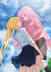 Rule 34 | 2girls, black skirt, blonde hair, blue eyes, blue skirt, blue sky, bocchi the rock!, closed eyes, closed mouth, gotoh hitori, highres, ijichi nijika, kanaria hisagi, lifting person, long hair, long sleeves, looking at another, multiple girls, open mouth, pink hair, side ponytail, skirt, sky, smile