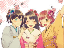 Rule 34 | 3girls, ;d, blush, flower, fur-trimmed kimono, fur trim, hair flower, hair ornament, hands on another&#039;s shoulders, highres, honda mio, idolmaster, idolmaster cinderella girls, interlocked fingers, japanese clothes, kimono, looking at viewer, multiple girls, new generations (idolmaster), nishimura (nianiamu), one eye closed, open mouth, outstretched arm, own hands together, patterned background, shibuya rin, shimamura uzuki, smile, upper body, yukata