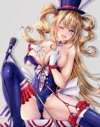 Rule 34 | 1girl, absurdres, animal ears, azur lane, blonde hair, blue footwear, blue leotard, blue thighhighs, boots, breasts, commander kei, facial mark, fake animal ears, fang, gloves, guam (azur lane), guam (stage-setting charmer) (azur lane), hands on own chest, hat, heart, heart facial mark, highres, large breasts, leotard, long hair, looking at viewer, microphone stand, official alternate costume, playboy bunny, rabbit ears, sitting, skin fang, spread legs, star-shaped pupils, star (symbol), symbol-shaped pupils, thigh boots, thighhighs, top hat, undersized breast cup, very long hair, white gloves