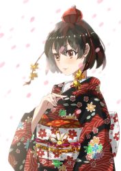 Rule 34 | 1girl, alternate costume, bad id, bad pixiv id, black hair, bow, brown eyes, cherry blossoms, ciero, floral print, hands on own chest, hat, japanese clothes, kimono, light smile, long sleeves, obi, petals, sash, shameimaru aya, short hair, simple background, smile, solo, tokin hat, touhou, white background, wide sleeves