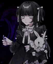 Rule 34 | 1girl, 402 (o0 xxx), black dress, black hair, black tears, black theme, bow, bowtie, rabbit, colored tears, crying, dress, fire, fire, frilled dress, frills, goth fashion, hair bow, highres, holding, holding lighter, holding stuffed toy, lighter, long hair, long sleeves, looking at viewer, original, puffy long sleeves, puffy sleeves, stuffed animal, stuffed rabbit, stuffed toy, two side up, very long hair, white bow, white eyes