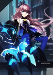 Rule 34 | 1girl, artist name, bad id, bad pixiv id, blue eyes, blue legwear, blurry, bow, brown hair, claws, crown, demon power (elsword), depth of field, elsword, highres, long hair, looking at viewer, luciela r. sourcream, mini crown, pointy ears, sitting, solo, swd3e2, symbol-shaped pupils