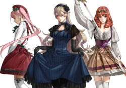 Rule 34 | 3girls, black flower, black rose, blonde hair, blue dress, blue hairband, blush, bow, breasts, brown eyes, brown hair, brown skirt, celica (fire emblem), corrin (female) (fire emblem), corrin (fire emblem), cowboy shot, curly hair, curtsey, drawing sword, dress, earrings, elbow gloves, fire emblem, fire emblem: three houses, fire emblem echoes: shadows of valentia, fire emblem fates, flower, gloves, hair between eyes, hair bow, hair flower, hair ornament, hairband, hat, hilda valentine goneril, holding, holding sheath, holding sword, holding weapon, jewelry, long hair, long sleeves, maze draws, medium breasts, multiple girls, nintendo, parted lips, pink hair, pinstripe pattern, pleated skirt, puffy long sleeves, puffy sleeves, red headwear, red skirt, ringlets, rose, sheath, shirt, short sleeves, skirt, smile, striped, suspender skirt, suspenders, sword, thighhighs, twintails, twitter username, underbust, weapon, white background, white shirt, white thighhighs