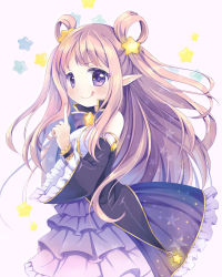 Rule 34 | 1girl, :p, bare shoulders, blonde hair, blush, chibitan, detached sleeves, dress, frilled dress, frills, hair ornament, hair rings, hatsune (princess connect!), highres, long hair, long sleeves, looking at viewer, pointy ears, princess connect!, purple eyes, scrunchie, simple background, smile, solo, star (symbol), star hair ornament, star in eye, symbol in eye, tongue, tongue out, wrist scrunchie