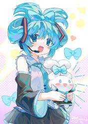 Rule 34 | 1girl, :d, absurdres, aqua necktie, black skirt, black sleeves, blue bow, blue eyes, blue hair, bow, breasts, cinnamiku, cinnamoroll, collared shirt, commentary, cosplay, detached sleeves, grey shirt, hair bow, hatsune miku, hatsune miku (cosplay), headset, heart, highres, holding, hxj (2324184595), necktie, official alternate hairstyle, open mouth, pleated skirt, sanrio, shirt, skirt, sleeveless, sleeveless shirt, small breasts, smile, tie clip, vocaloid