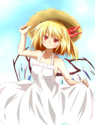 Rule 34 | 1girl, alternate costume, bare arms, bare shoulders, blonde hair, collarbone, dress, flandre scarlet, hair ribbon, hand on headwear, hat, looking at viewer, misoshiru (meridianchild312), red eyes, ribbon, sleeveless, sleeveless dress, smile, solo, straw hat, sundress, touhou, white dress, wings