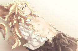 Rule 34 | 1girl, blonde hair, breasts, expressionless, female focus, highres, long hair, lying, messy hair, nipples, on back, open clothes, open shirt, original, small breasts, solo, topless, yodosesami, yodosumiori